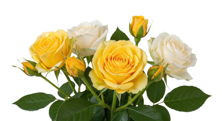 Yellow and cream roses with green leaves isolated on a transparent background yellow roses