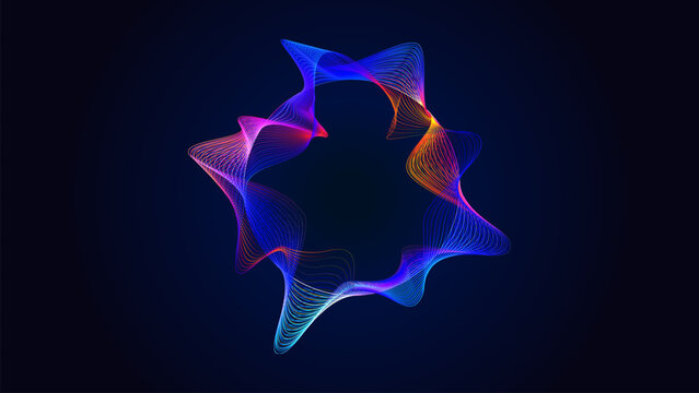 Colorful abstract soundwave forms a circular vibrant, wavy pattern, glowing on a dark background. Spectrum of colors, dynamic and energetic visualization of sound or data.