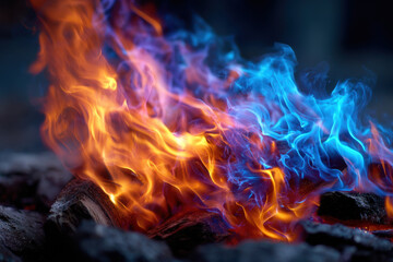 Fototapeta premium Bright flames dance in vibrant colors during a nighttime fire gathering