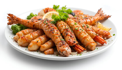 seafood grill, food, image of grilled seafood that has been served on a white background