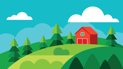 Fototapeta premium Red Barn on a Green Hilltop Summer Landscape
