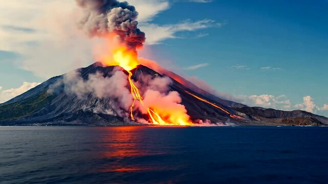 Erupting volcano spewing lava and ash into the sky over a calm ocean, showcasing nature's power