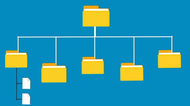 Animation of folder hierarchy structure, document management system. Digital archive and file organization symbol. 