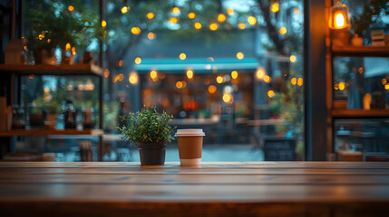 This stunning coffee shop photograph featuring a cozy shelf and table setup, perfect for a cafe or restaurant decor