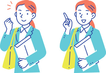 笑顔で封筒とカバンを持つビジネススーツ姿の女性イラスト