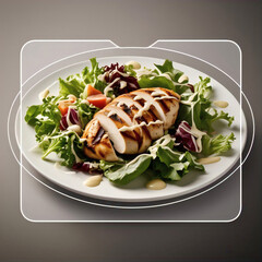 A grilled chicken breast sliced and served on a bed of fresh greens with tomatoes and a creamy dressing is presented on a white plate
