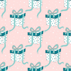 seamless pattern of gift boxes with teal ribbons on soft pink background. Great for birthday, Christmas, New Year, and festive designs.