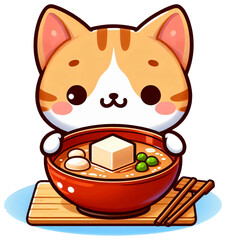 A cat holds a bowl of warm mushroom soup and floating fish tofu in front of it.