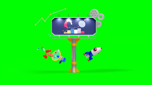 3D Animated Scene of Billboard Surrounded by Rocket, Growth Dots Chart, Gears and Megaphone on Green Background.