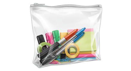 Transparent pouch filled with office supplies on white transparent background PNG
