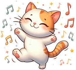 A cat is dancing happily with musical notes floating around