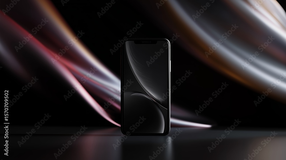 Poster modern smartphone displayed against a dynamic swirl of abstract light patterns at night in a minimal