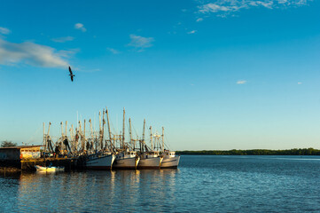 View of a fishing port in El Salvador with several artisanal boats docked at the pier during...