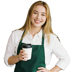 Smiling blonde barista in apron holding a coffee cup against white background on transparent background , no background