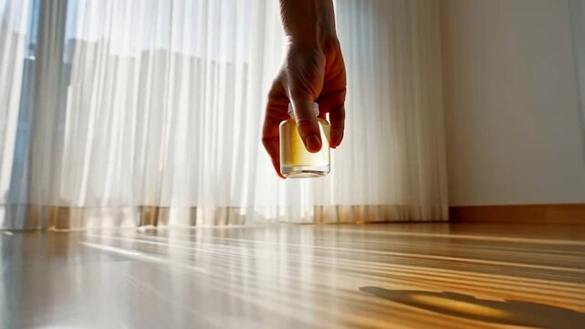 Hand holding small yellow object on wooden floor