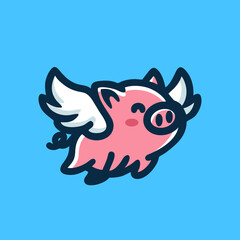 adorable angel pig logo. flying winged pig icon logo illustration. cute piglet with wings Illustration cartoon doodle mascot character.