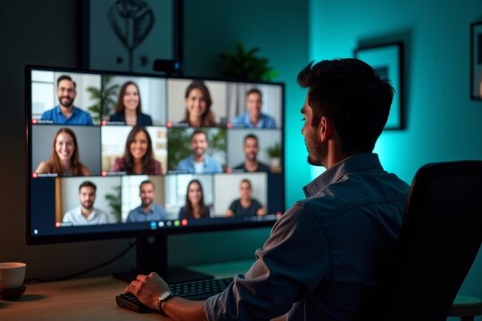 Person engaged in video conference interviews and meetings with multiple participants on screen
