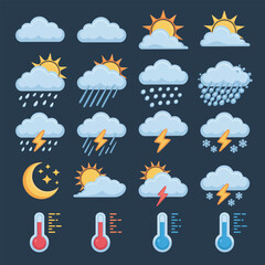 Obraz premium Collection of Twenty Flat Cartoon Weather Icons Depicting Various Conditions Including Sunny Cloudy Rainy Snowy Lightning Stormy and Nighttime Weather with Corresponding Thermometers
