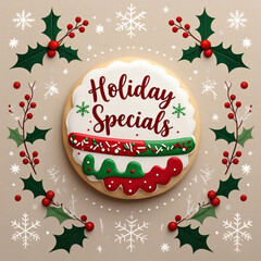 A festive christmas themed cookie decorated with the words  holiday specials  and surrounded by holly leaves and snowflakes