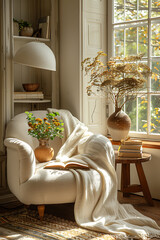 Cozy indoor reading nook with armchair and natural light