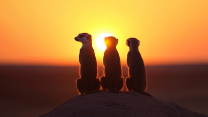 Silhouettes of 3 suricates in the desert at sunset