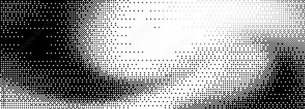 Poster halftone gradient background transitions from black to white with pixel dots - abstract wave pattern