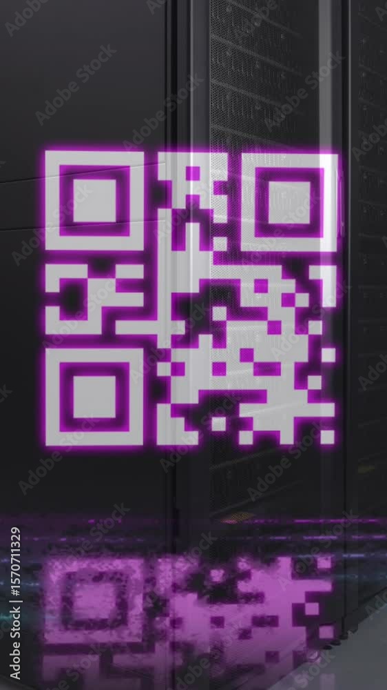 Poster animation of neon qr code scanner against computer server room