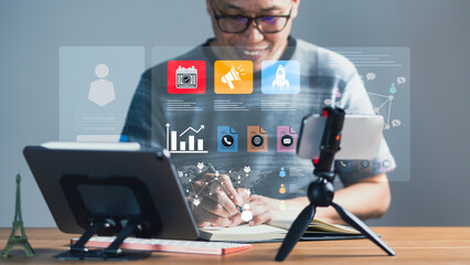 Man Managing Business Tasks and Digital Marketing with Multiple Apps