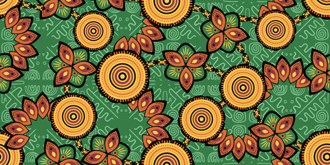African pattern. ethnic traditional green pattern. seamless beautiful Kitenge, chitenge, Ankara style. fashion design. Geometric floral abstract motif. Yellow Floral Ankara prints, African wax prints