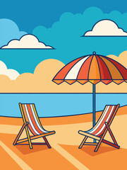 Relaxing Summer Beach Scene with Striped Deck Chairs and Umbrella