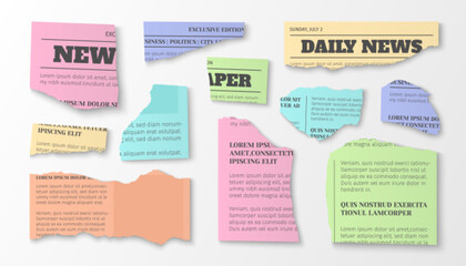 Torn newspaper and magazine clippings in pastel colors - paper scraps with headlines and article text. Colorful ripped media collage elements with ripped edges for scrapbooking or journalistic design.
