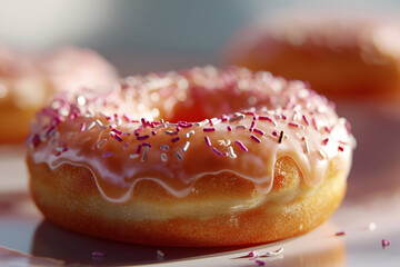 A glazed donut with pink sprinkles on top. The donut is sitting on a white plate