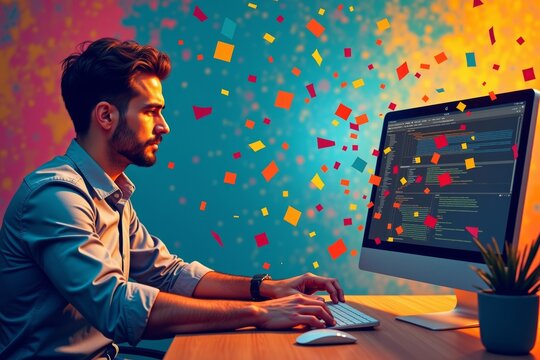 Vibrant Abstract Colors Transforming Businessman's Desk into a Creative Workspace