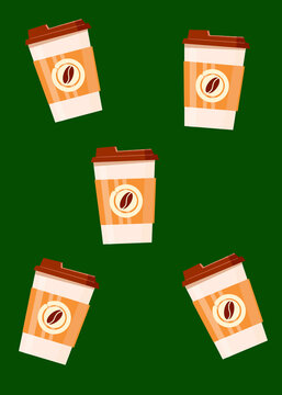 Illustration of sustainable coffee cups in a pattern on a green background