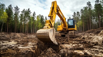 Excavator digging a hole in a forest