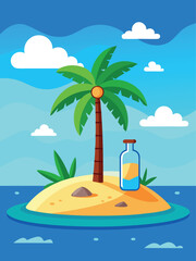 Tropical Island Paradise Scene with Palm Tree and Message in a Bottle