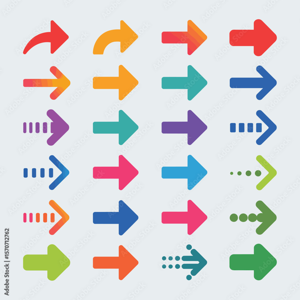 Poster collection of twenty four colorful arrows pointing right various styles gradient fill design element