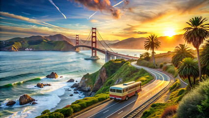 Golden gate bridge view with bus on coastal road at sunset in san francisco california usa america