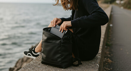 Woman Organizing Items in Stylish Black Backpack by the Ocean
