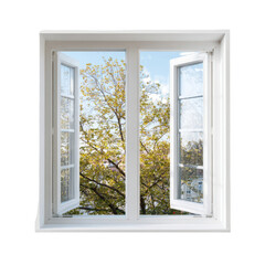 White window open to a tree-filled view
