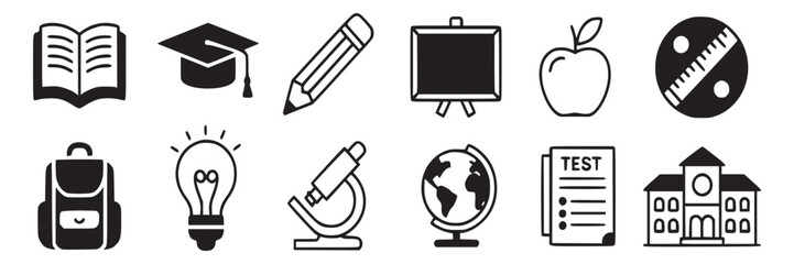 Back to school vector icon set education learning study knowledge student teacher supplies schoolhouse on transparent background