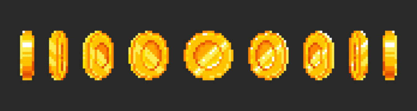 Rotating pixel gold coin animation frames - 8 bit spinning currency sprite sheet with different angles. Shiny metallic retro arcade game money for bonus rewards items in platformer adventures.