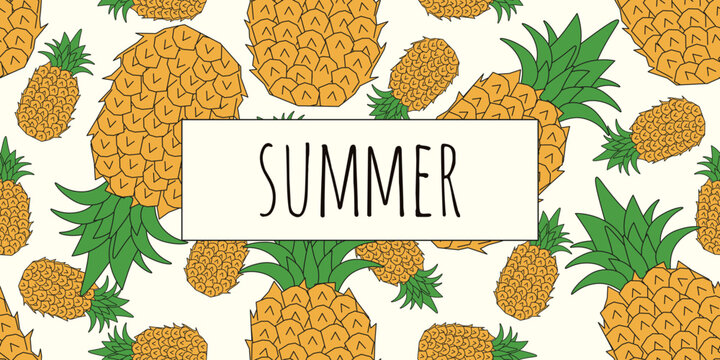 Summer banner. Vector illustration of pineapple seamless pattern with Summer Frame. Perfect web banner textile fabric wallpaper decor print. Fruit background template design. EPS 10