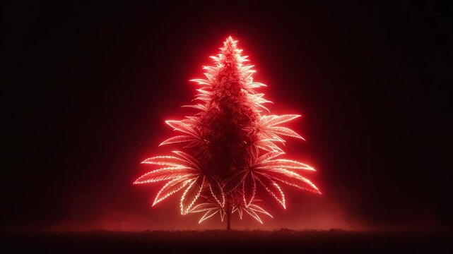 Marijuana Leaf Christmas Tree with Red Background and Neon Lights