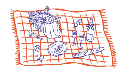 Various aestehtic picnic elements on blanket. Hand drawn vector illustration.