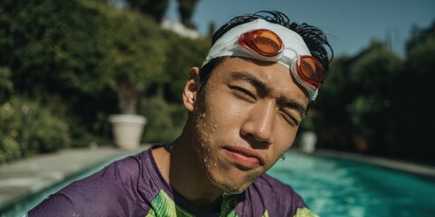 Focused swimmer by pool wearing goggles and swim cap under sunny blue sky