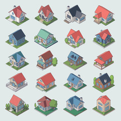 Collection of Twenty Isometric Illustrations of Colorful Suburban Houses with Varying Architectural Styles Roof Colors and Landscaping Elements Depicting a Range of Home Designs