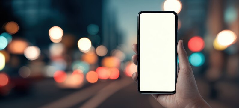 The smartphone displaying a blank screen in a vibrant city nighttime setting.