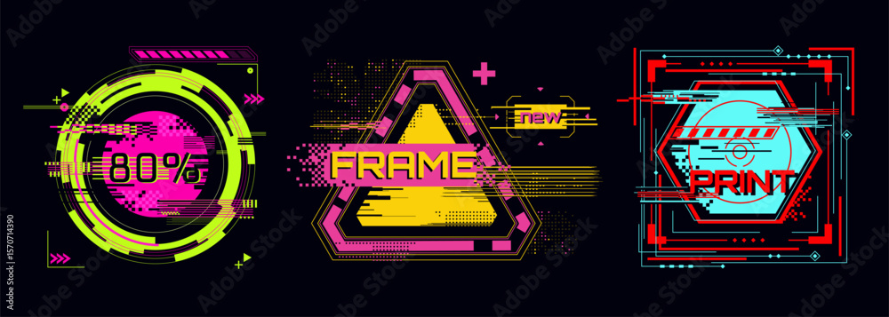 Poster cyberpunk glitch frame collection with neon colors - circular badge, triangular border design, hexag
