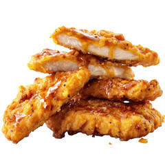 Stacked golden-brown breaded chicken pieces, glazed